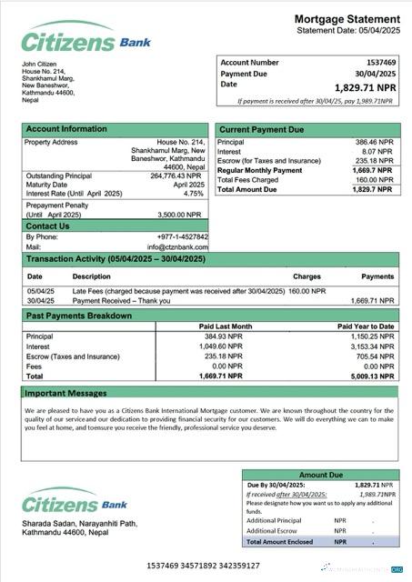 Download Nepal Citizens Bank International mortgage statement Word and PDF template Photoshop template